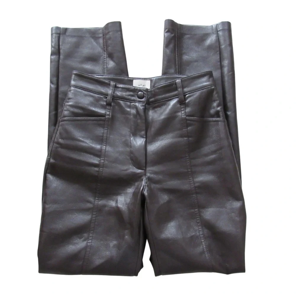Aritzia Wilfred Rebel Pants 0 Dark Brown Vegan Faux Leather High Rise Straight